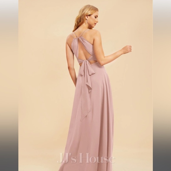 A-line V-Neck Floor-Length Chiffon Bridesmaid Dress With Ruffle - Picture 4 of 8
